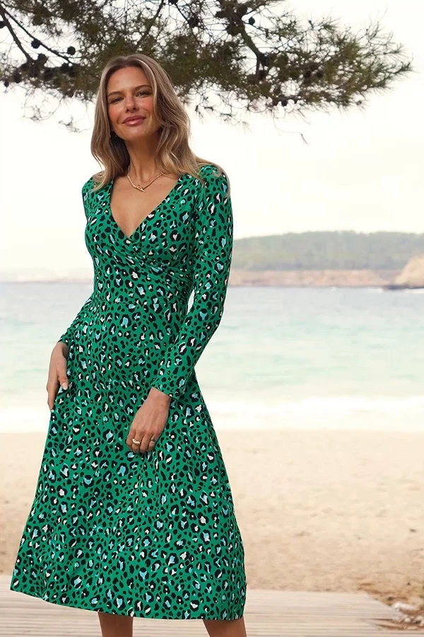 Green Leopard Print Wrap Front Midi Jersey Dress 6 Green Leopard Print Wrap Front Midi Jersey Dress - Image 4