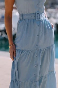 Light Wash Ruffle Sleeve Tiered Hem Midi Dress -Sosandar Fashion Store 5210983bf6d161ab3cfd5c7ba2d4e77218ea954e