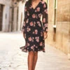 Black & Pink Floral Print Wrap Front Dress -Sosandar Fashion Store 52 s22dw004 018