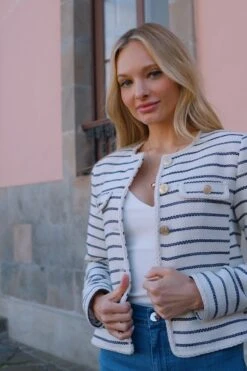 Ivory & Navy Stripe Boucle Jacket -Sosandar Fashion Store 52f5a9fb825a6e8e015d3bd0abeb51e96907d742