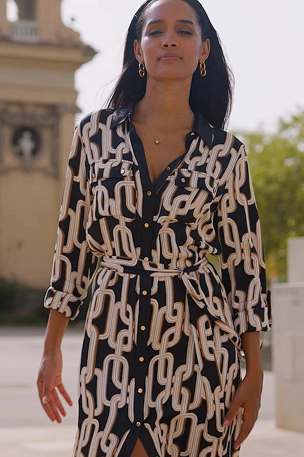 Black Chain Print Contrast Trim Belted Shirt Dress 7 Black Chain Print Contrast Trim Belted Shirt Dress - Image 5