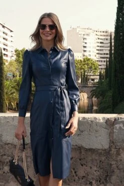 Navy Blue Faux Leather Belted Shirt Dress 10 Navy Blue Faux Leather Belted Shirt Dress -Sosandar Fashion Store 54f25ea3d876e081ea28e293d5242807511bfd5c