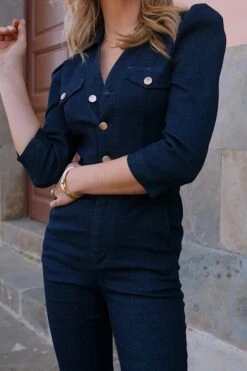 Dark Indigo Puff Sleeve Kick Flare Denim Jumpsuit -Sosandar Fashion Store 5d04e3ba6c0087b65ca26c5a5e80ca8f8239790d