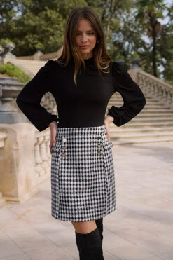 Black & White Dogtooth Two Part Dress -Sosandar Fashion Store 5e3a37be534409dccbbfe0887030cfac9ac76452