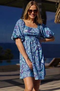 Blue Paisley Print Puff Sleeve Jersey Dress -Sosandar Fashion Store 605cd9e6368804adf613a98088c467d3a16ccf2c