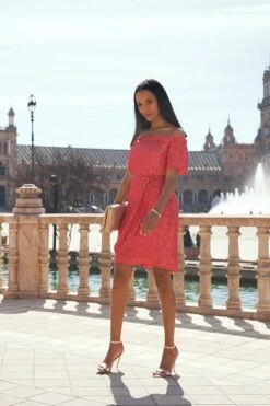 Coral Pink Sequin Bardot Belted Shift Dress -Sosandar Fashion Store 60920d9d78e8be734392d11d267e4d1e3c9ca39d