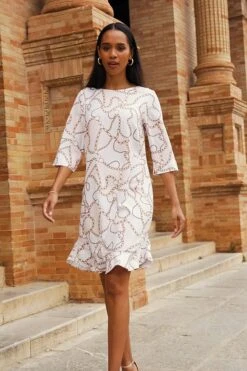 Ivory & Pink Chain Print Ruffle Hem Shift Dress -Sosandar Fashion Store 60d0f837adee38ed7321e16f3f1c002d6f0eaa27
