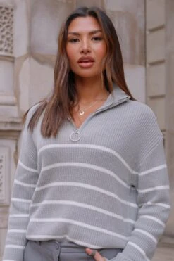 Grey & White Stripe Quarter Zip Jumper -Sosandar Fashion Store 60f776817f852398d369fca3d766537cdd570396 1
