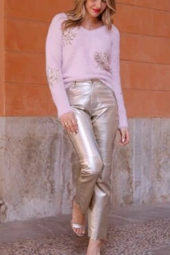 Gold Metallic Straight Leg Leather Trousers -Sosandar Fashion Store 636f85c23582164e111dd976b531804b8cf133f1 1