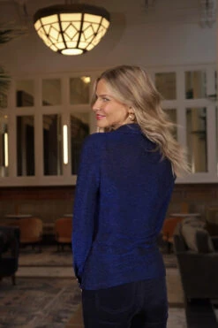 Midnight Blue Metallic Jersey Ruched Detail Shirt -Sosandar Fashion Store 63eafbef690bb6ae043802ca19d0ce25b14cd21e