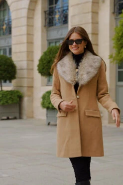 Camel Faux Fur Collar Coat -Sosandar Fashion Store 640a9dc3b01a39db1185fd279999cd794362436f