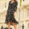 Black Floral Print Ruffle Hem Midi Wrap Dress -Sosandar Fashion Store 64 s22dw083bkfl s22ow050pk0026 127