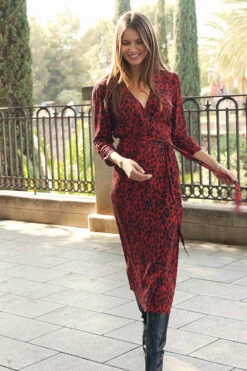 Red Animal Print Ruched Sleeve Midi Wrap Dress -Sosandar Fashion Store 64c124f7018bbe3a2c34c35c615d6e973c3f5d4d 1