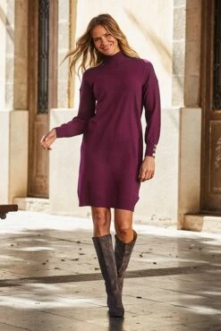 Mulberry Roll Neck Button Cuff Knitted Dress -Sosandar Fashion Store 69 s22dk700pe0002 004 rc