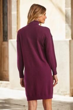 Mulberry Roll Neck Button Cuff Knitted Dress -Sosandar Fashion Store 69 s22dk700pe0002 089 rc