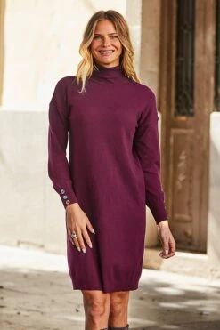 Mulberry Roll Neck Button Cuff Knitted Dress -Sosandar Fashion Store 69 s22dk700pe0002 115 rc