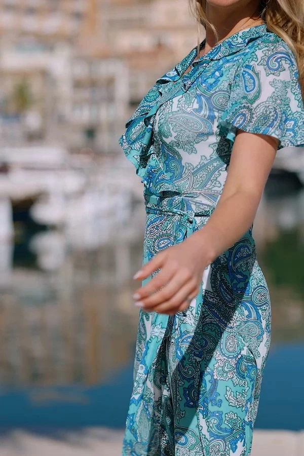 Sea Blue Paisley Print Mesh Wrap Dress 10 Sea Blue Paisley Print Mesh Wrap Dress - Image 8