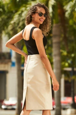 Ecru Leather Buckle Detail Pencil Skirt -Sosandar Fashion Store 70 s21sl003eu0001 223