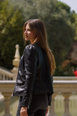 Black Faux Leather Puff Sleeve Jacket -Sosandar Fashion Store 70b8fca377832665bb5e704baf5e26d4bbaf8f31