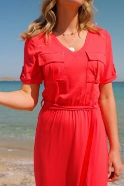 Coral Stretch Waist T-Shirt Dress -Sosandar Fashion Store 74c78fb5fa2e138f959e853038e5904b21b293ca
