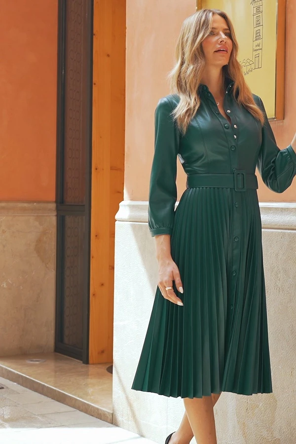 Dark Green Faux Leather Pleated Midi Dress 8 Dark Green Faux Leather Pleated Midi Dress - Image 6