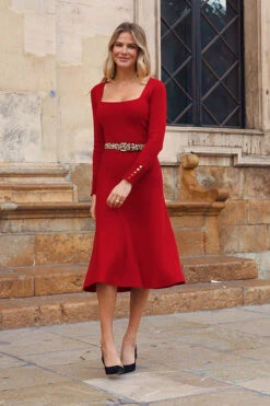 Red Square Neck Gold Button Cuff Knitted Midi Dress 17 Red Square Neck Gold Button Cuff Knitted Midi Dress -Sosandar Fashion Store 77cb295c455a3a861cebecebe5fb73061632de61