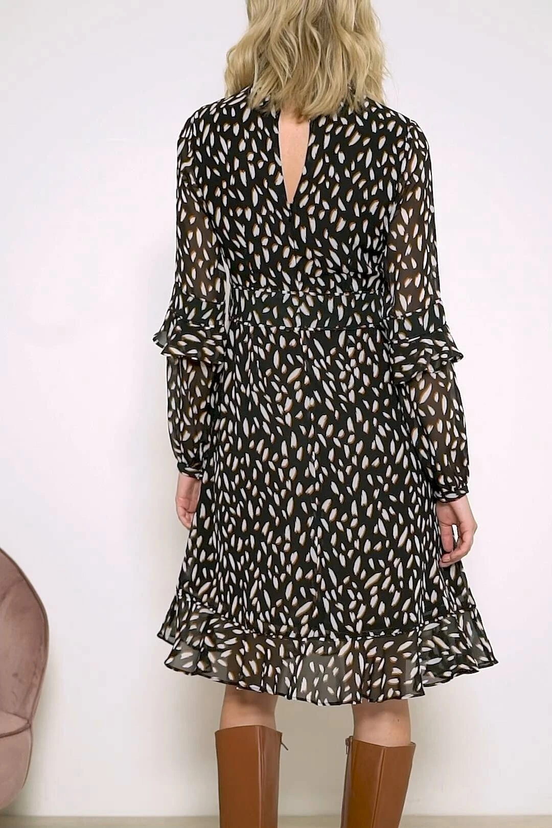 Black Fleck Print Fit & Flare Ruffle Dress 8 Black Fleck Print Fit & Flare Ruffle Dress - Image 6