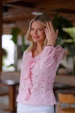Pink Broderie Ruffle Detail Cotton Blouse -Sosandar Fashion Store 7c2fc11625f77ed2abd99d9c737b17c85d374b94