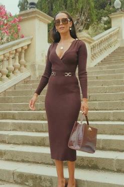 Chocolate Brown Wrap Front Luxe Gold Buckle Knitted Dress -Sosandar Fashion Store 7c3fa8aa6a8d64e6e6912e43c2accb87dc6c6d8c