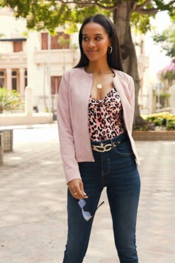 Soft Pink Zip Front Round Neck Suede Jacket -Sosandar Fashion Store 7db1675c2498a6313ed21f1b9dad79a978ef89bb