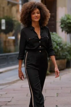 Black & Camel Side Stripe Button Front Jumpsuit 15 Black & Camel Side Stripe Button Front Jumpsuit -Sosandar Fashion Store 7efa678724ef9eb3bcb5e70c4e29e3510f7766d8