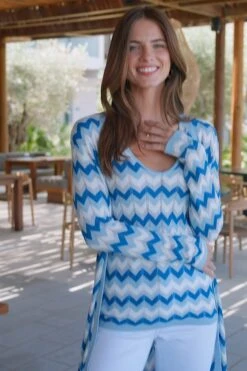 Blue Metallic Chevron Print Longline Cardigan -Sosandar Fashion Store 81e552847874e3302fbdf891dc7381bdbc6aeb01