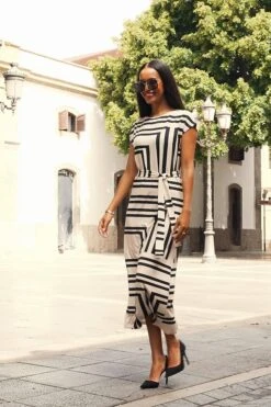 Ivory & Black Geometric Print Stretch Waist Midi Jersey Dress 13 Ivory & Black Geometric Print Stretch Waist Midi Jersey Dress -Sosandar Fashion Store 83a97fb3b76866129e36f941773d5623490d7487