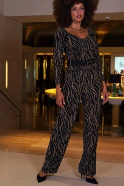 Brown & Black Geometric Print Wide Leg Jumpsuit With Belt -Sosandar Fashion Store 85d1139a50a6af204f0c739baf096cad1626f5de
