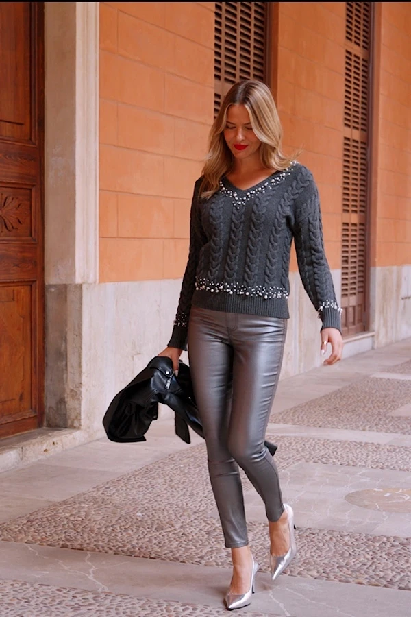 Charcoal Grey Pearl Embellished Knitted Jumper 9 Charcoal Grey Pearl Embellished Knitted Jumper - Image 7