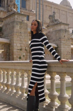 Black & White Stripe Button Detail Rib Knit Midi Dress -Sosandar Fashion Store 8ab7f484a748c19e164830eaeb38d231c0ba2c32