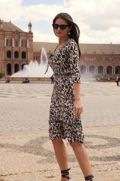 Leopard Print Ruched Neck Shirred Waist Jersey Dress -Sosandar Fashion Store 90062518cef172f9daf1b44435cdc12e3d4c0fed