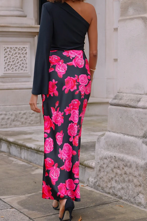 Black Floral Print Ruched Detail Satin Maxi Skirt 7 Black Floral Print Ruched Detail Satin Maxi Skirt - Image 5
