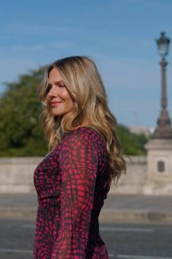 Pink & Black Élégance Print Faux Wrap Dress -Sosandar Fashion Store 9044a728348bd7d8a84116e2464bf8eb522c7c00