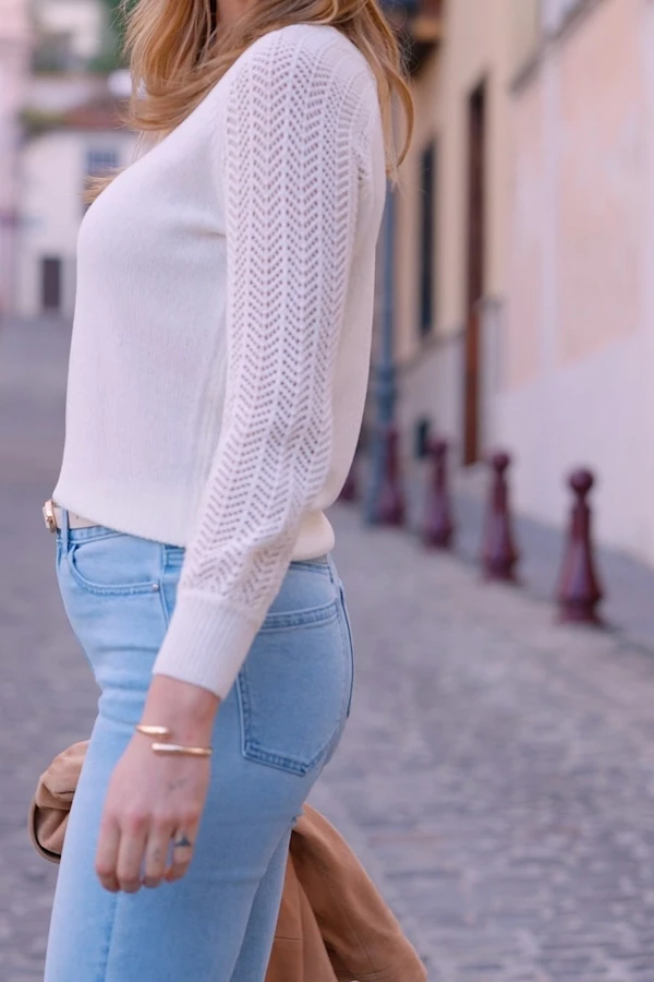 Ivory Pointelle Sleeve V Neck Jumper 9 Ivory Pointelle Sleeve V Neck Jumper - Image 7