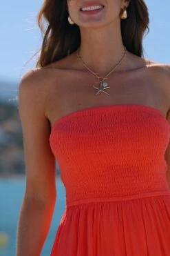 Coral Crochet Detail Tiered Bandeau Dress -Sosandar Fashion Store 95df700f372a7c26b941668643f8bf03f988499d
