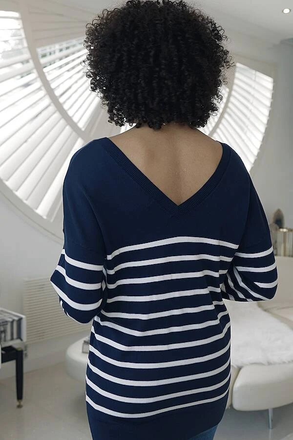 Navy Blue & White Stripe V Neck Fine Knit Jumper 10 Navy Blue & White Stripe V Neck Fine Knit Jumper - Image 8