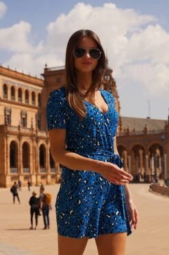Cobalt Blue Animal Print Belted Jersey Playsuit With Pockets -Sosandar Fashion Store 9b11e89498720eb8da81e77c822356a08457f81f