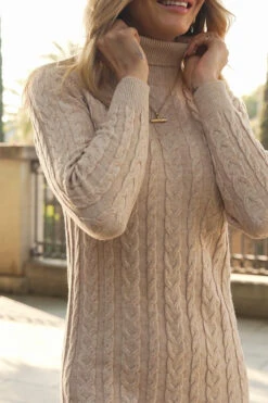 Natural Roll Neck Cable Knit Dress -Sosandar Fashion Store 9e43c43796ed30b7d1e0f6abb6ab752493962ac4