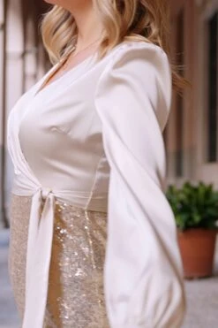 Champagne Two Part Satin & Sequin Waist Cinching Dress -Sosandar Fashion Store 9ebeb4f09d2a33b8422332dbe91e0877a3f2514d