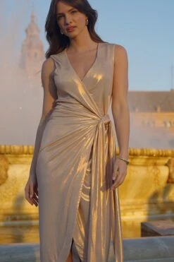 Gold Metallic Wrap Front Shimmer Dress -Sosandar Fashion Store 9ff58f935d03e6d5ca556861694978e3081c5a89