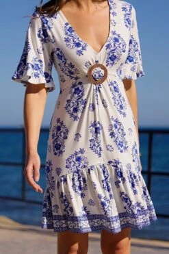 White & Blue Floral Print Hoop Detail Jersey Dress -Sosandar Fashion Store a11f275fb5ef685786aee7eea05284a4ce5e7517