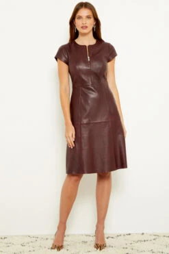 Burgundy Luxury Leather Zip Front Fit & Flare Dress -Sosandar Fashion Store a19dl002rd