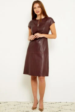Burgundy Luxury Leather Zip Front Fit & Flare Dress -Sosandar Fashion Store a19dl002rd 6 1