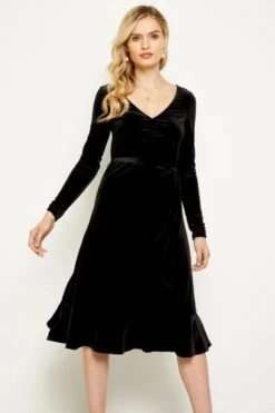 Black Velvet Ruffle Hem V Neck Dress